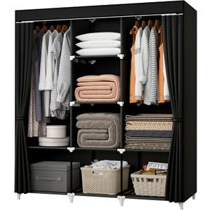 Portable Closet, 51 Inch Wardrobe Closet for Hanging Clothes with 2 Hanging Rods, 8 Storage Organizer Shelves for Bedroom, Durable and Easy to Assemble, Black
