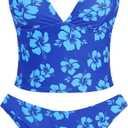 ZAFUL Women's Spaghetti Strap Tankini Swimsuits V Neck Tummy Control Tie Side Thong Bikini Swimsuits 2 Piece Bathing Suits (Blue, S)