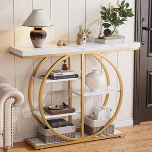 41.3" Console Table for Entryway, Industrial Hallway Sofa Table with Storage Shelves, Narrow Accent Decor Living Room Furniture with Circle Base for Foyer, Entrance, White Gold, 41.3 inches x 11.4 inches x 31.5 inches