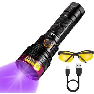 ALONEFIRE SV18 12W 365nm UV Flashlight Powerful USB C Rechargeable Woods Lamp Black Light for Pet Urine Detection, Resin Curing, Minerals, Fishing,Scorpion, Bed Bug with UV Protective Glasses,Battery