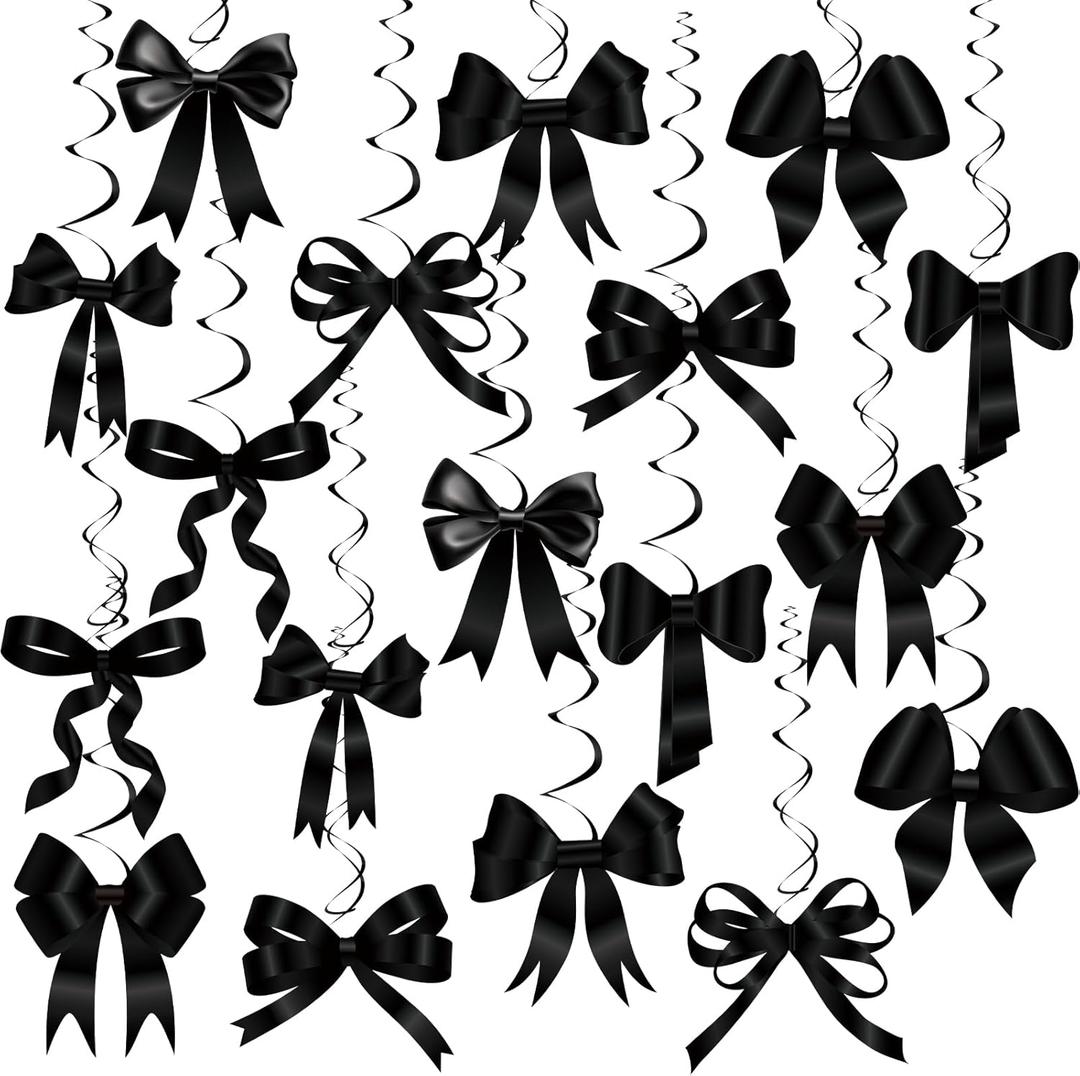 Clabby Black Bow Birthday Decorations Black Coquette Hanging Swirls Garland Banner Bow Party Decorations Ribbon Paper Cutouts for Girls Baby Shower Bridal Shower Wedding Bachelorette Party Supplies