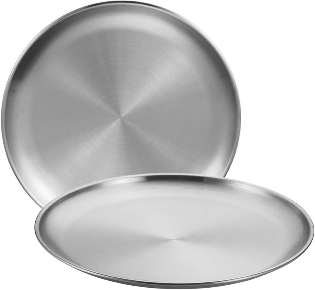 Stainless Steel Plates,2 Pcs 10 Inches Dinner Platess Camping Plate, Perfect for Snack Candy Pizza Fruit Camping Etc. Reusable and Dishwasher Safe (2, 10 inches)