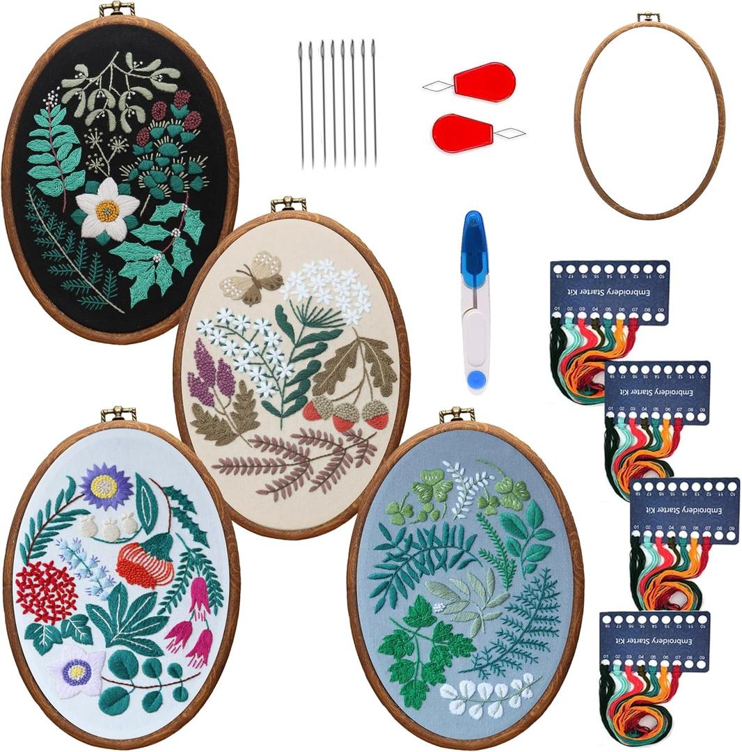 Maydear 4 Pack Embroidery Starter Kit with Pattern, Stamped Cross Stitch Kits for Beginners Adults with Embroidery Hoop and Instructions, Hand Embroidery Kit Cross Stitch Kits Stamped (brown)