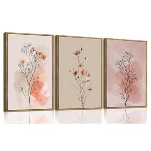 okudolit Boho Vintage Flower Wall Art Set of 3 Minimalist Floral Botanical Prints Rustic Wildflower Wall Decor Beige and Pink Neutral Plant Painting for Living Room Bedroom Office-16x24in