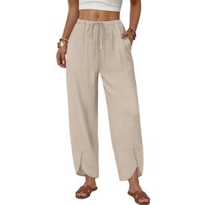 Sampeel Linen Pants Women Wide Leg Palazzo Pants Flowy Casual Summer Outfits Plus Size Spring Clothes Capri Pant Beach Fashion Clothing Vacation Outfits Travel Resort Wear 2026 Khaki L
