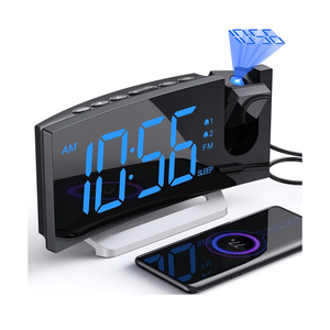 Projection Alarm Clock with FM Radio, USB Charging Port, 0-100% Dimmer, Dual Alarms, HD LED Display, 30 Preset Stations, Sleep Timer, 5 Alarm Sounds, Snooze, Curved Screen, Digital Clock for Bedroom