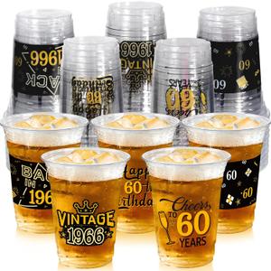 50 Pcs 60th Birthday Party Plastic Cups Bulk, 16 Oz Black Gold Plastic Clear Disposable Drinking Cups for Celebrating 60 Years Old Birthday Party Supplies Decorations Women Men