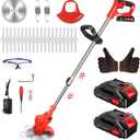 Cordless Lawn Trimmer Weed Wacker, 21V Lawn Mower Grass Edger with 3 Types Blades & 2X Battery, Lightweight 125 cm Retractable Weed Trimmer/Stringless Grass Trimmer/Brush Cutter with for Garden Yard (BRIGHT RED)