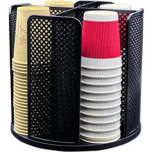 Paper Cup and Lid Holder, Rotatable Coffee Cup Dispenser fit 5-16oz Disposable Cups Organizer, Plastic Cup Storage Rack for Countertop, Coffee Shop, Station, Bar, Office,Kitchen, Black