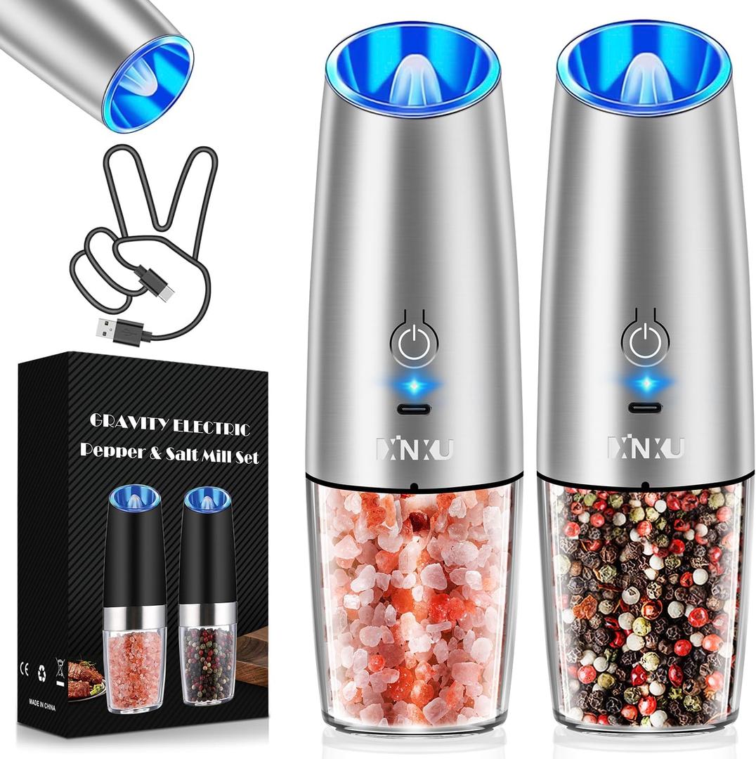 XinXu RECHARGEABLE Salt and Pepper Grinder Set,Automatic Pepper Mill,USB Rechargeable,Adjustable Coarseness,One-handed Operation,Ceramic Burr,Refillable,Auto Grinders Shakers LED Light,Sliver