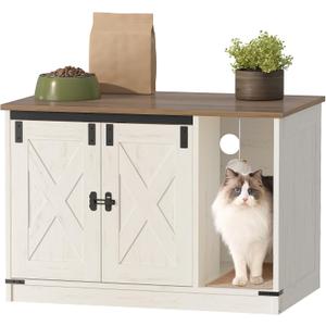 Cat Litter Box Enclosure, Hidden Litter Box Cabinet Furniture with Bell, Indoor Cat House, Farmhouse Style, 31.5 x 19.7 x 20.9Inches, for Hallway, Bedroom, Rustic Brown and White CB82414X
