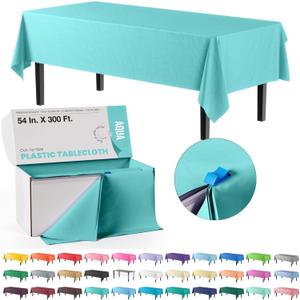 Exquisite Light Blue Plastic 54x300 inches Tablecloth Roll with Built-in Cutter, 300 Feet, Rectangular, All-Season, 1 Count