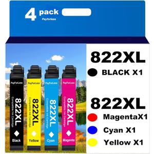 PayForLess 822XL Remanufactured for Epson 822 Ink Cartridges for 822XL T822 for Workforce Pro WF-3820 WF-3823 WF-4820 WF-4830 WF-4833 WF-4834 Printer 4 Pack 1 Black 1 Cyan 1 Magenta 1 Yellow