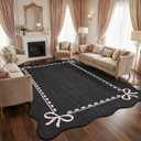 GarveeHome Scalloped Bow Rug for Living Room, Solid Rug for Dorm, Washable Rugs 5x7 Soft Low Pile Non Slip Scalloped Rugs for Nursery College Bedroom Decor Kids Room Playroom, Black Pink