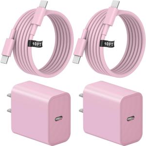 10 Ft iPhone 16 15 Charger Fast Charging USB C Charger Block Type C Chagrer Fast Charging 2-Pack for iPhone 16/16 Plus/16 Pro/16 Pro Max/iPhone 15/15 Pro Max/Samsung(Pink)