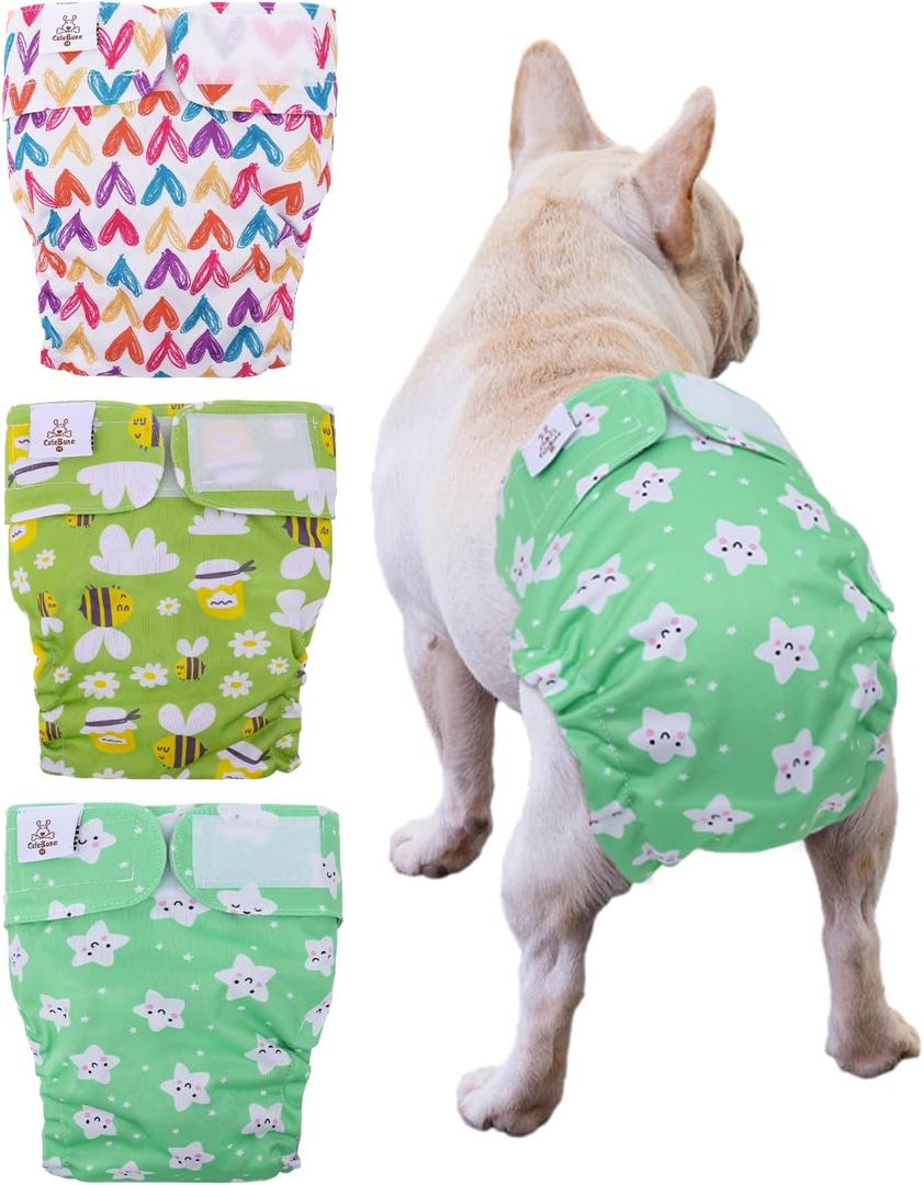 CuteBone Washable Dog Diapers Female No Tail Hole 3 Pack Reusable Doggie Period Training Pants for Docked-Tail Frenchie French Bulldog Boston Terrier Without Tail WWD14L