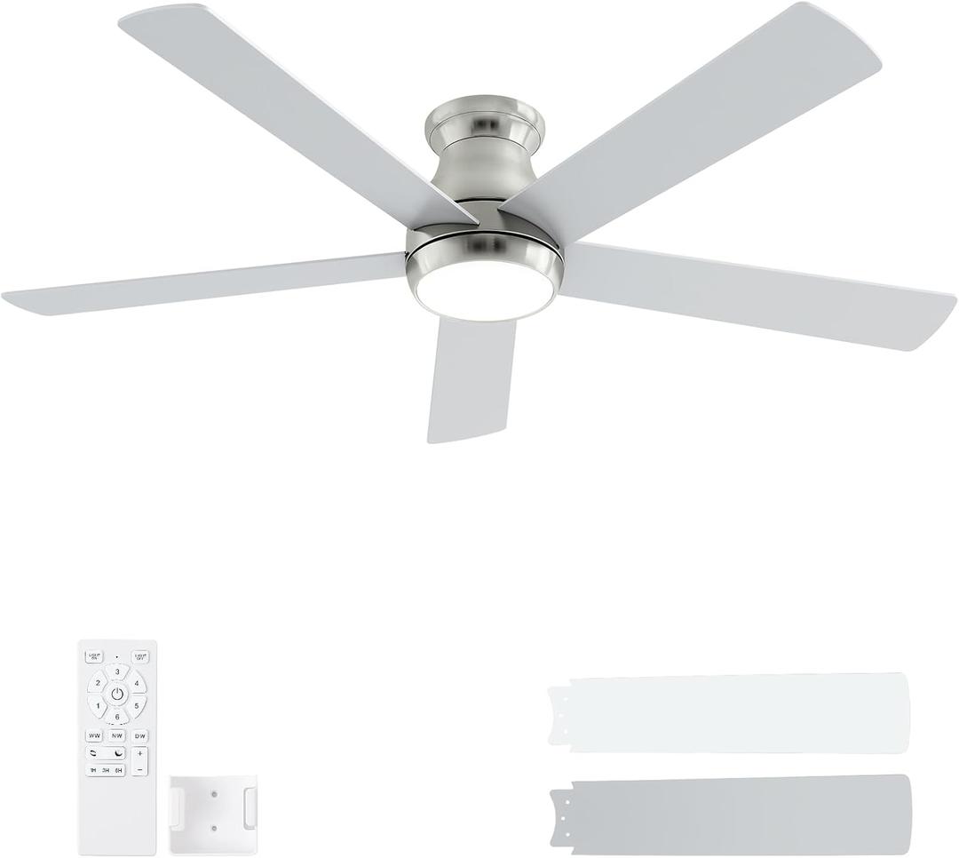 POCHFAN 60 Inch Brushed Nickel Ceiling Fans with Lights and Remote, LED Low Profile Flush Mount Ceiling Fan for Bedroom, Living Room, Quiet DC Motor, Dimmable 6 Speeds