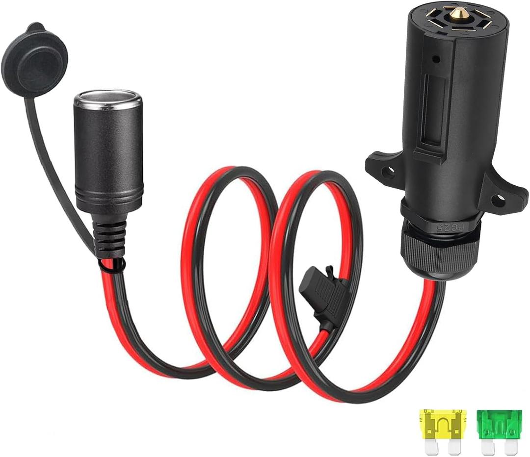 7-Way Power Access, 7 Pin Trailer Plug to Motorcycle Female Cigarette Lighter Socket 12V Power Source 12AWG Battery Charger Cable for RV Truck Trailer