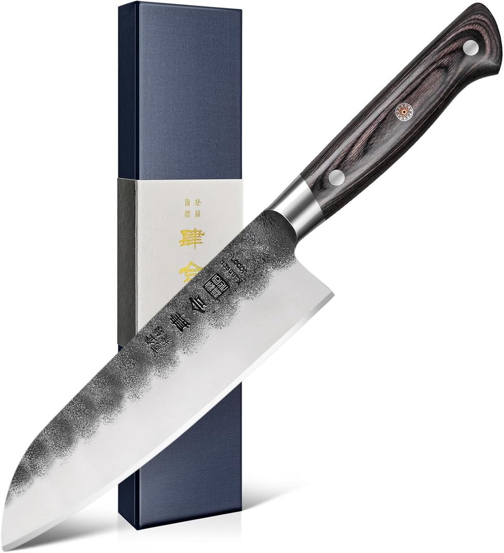 7 Inch Santoku Knife, Black Forged Japanese Chef Knife with AUS-8 Alloy Steel, Japanese Santoku Knife with Full Tang Pakkawood Handle, Christmas Gift with Premium Box (7 Inch Santoku Knife)