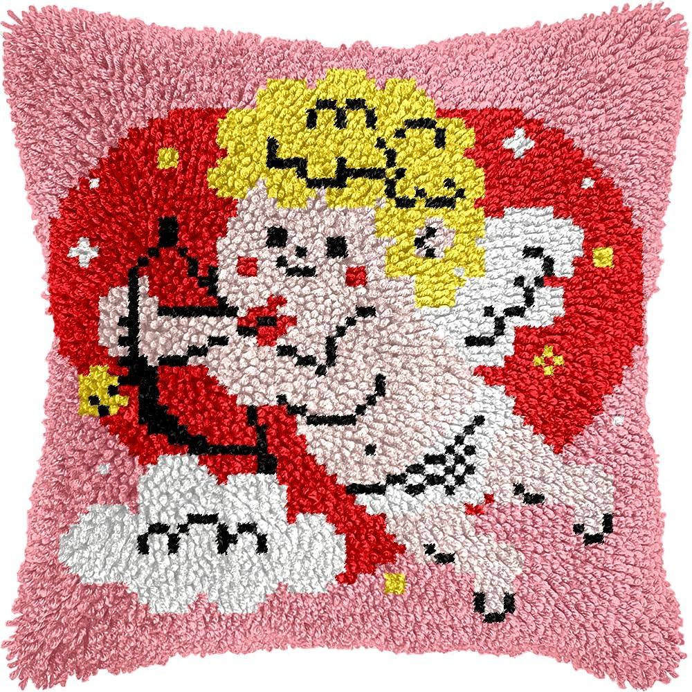 QIONG MENG Latch Hook Kits for Adults, DIY Valentines Day Cupid Pattern Pillow Cover Kit Needlework Cushion Cover Hand Craft Crochet for Home Sofa Decorations Gifts 17 x 17 Inch