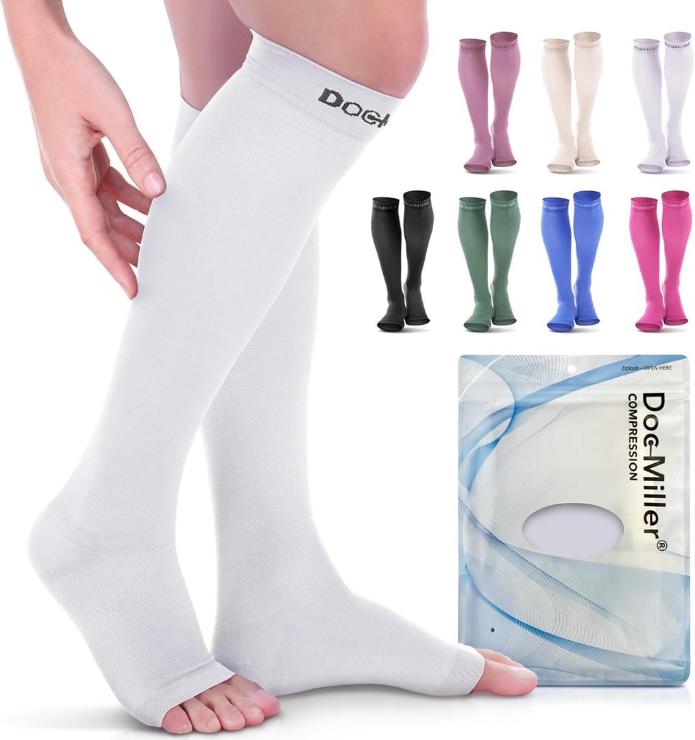 Doc Miller Open Toe Compression Socks, 20-30 mmHg, Toeless Compression Sleeves for Legs, Knee High Stockings for Shin Splints, Varicose Veins, Travel, Calf Support & Muscle Recovery, Men & Women, Pair (Large Tall, White)