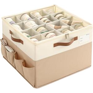 Varhomax Shoe Organizer Box for Closet, Fabric Shoe Storage Bin with Adjustable Dividers & Clear Cover, Holds up 16-32 Pairs of Sneakers & Sandals for Entryway, Cubby (Brown-Large-1 Pack)