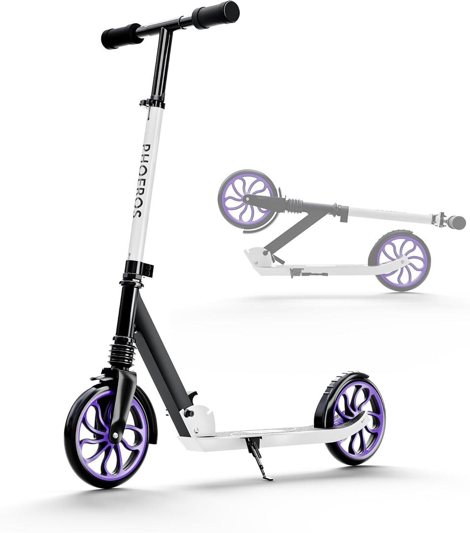 PHOEROS Kick Scooter for Kids Ages 6-12,Teens & Adults, Youth. Lightweight Aluminum Kick Scooter for Teens Adults Boys Girls with 8 inch Big Wheels, Foldable, 3 Height Adjustable, Shock Absorption, Off-white
