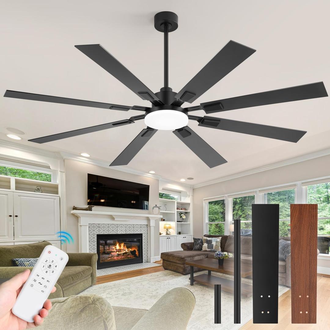 ZYD Ceiling Fans with Lights, 72 inch Large Industrial LED Ceiling Fan with Light, Industrial Fan 8 Dual Finish Blades with Remote, 6 Speed with Reversible Quiet DC Motor, 3 CCT with Memory and Timer (Black / Walnut)