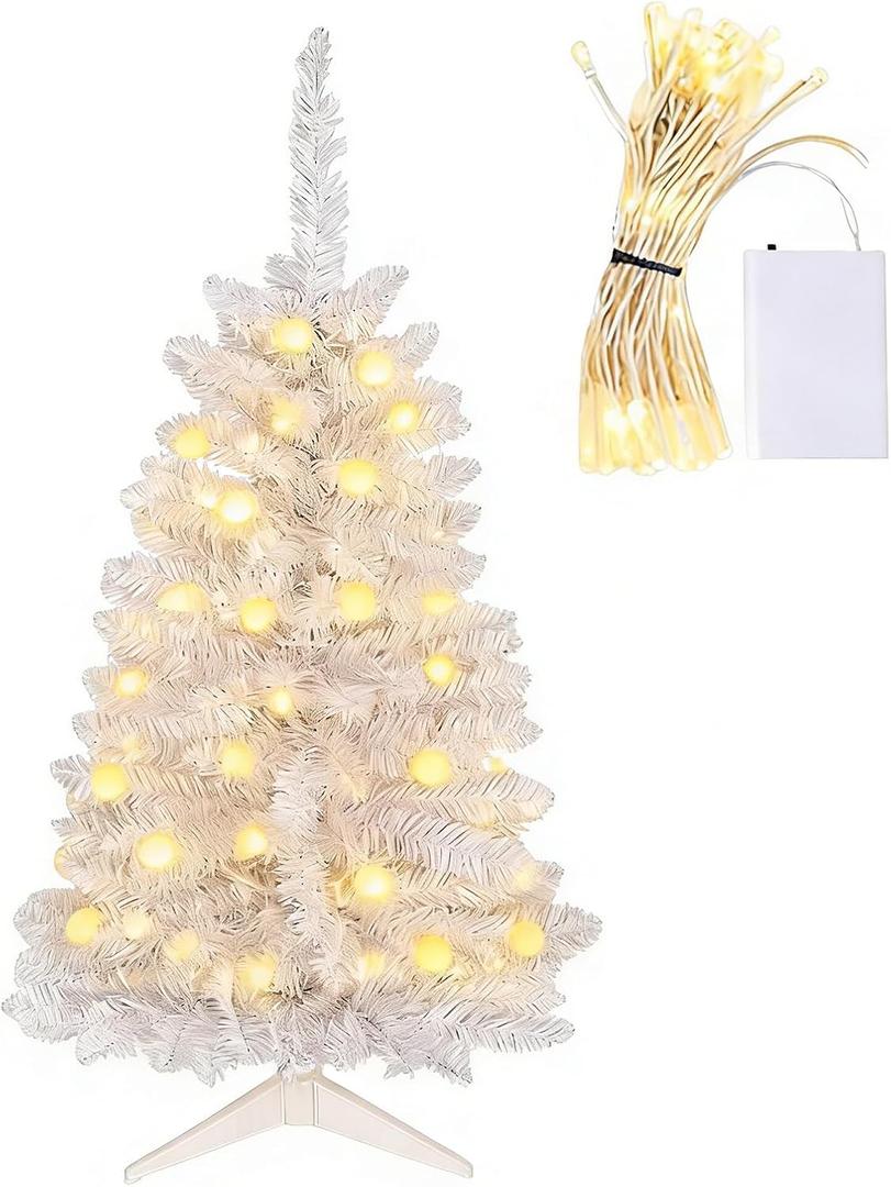 3ft Small Christmas TreeMini Artificial Christmas Tree with Battery Operated Lights for Office,Desk,Indoor, Outdoor, Holiday Xmas Party Decoration, Easy Setup -White-3FT (10in)