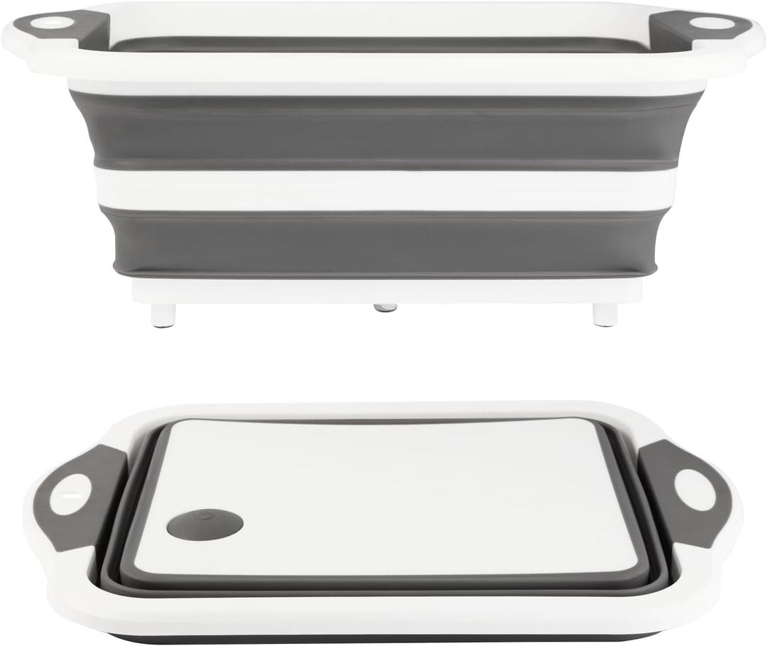 Collapsible BBQ Prep Tub/Cutting Board 10L, Foldable Dish Tub with Colander, Portable Camping Sink, Multifunction Dishing Basin Bucket Wash Tub for Kitchen Fruit Vegetable Picnic (Gray)