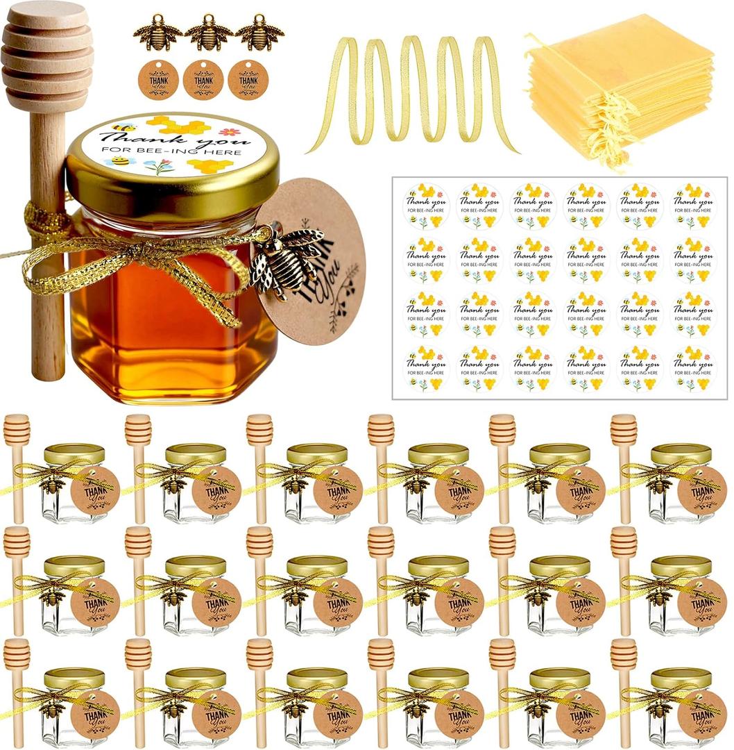 Ahhute Honey Jar, Mini Honey Jars with Dipper, Glass Honey Pot Baby Shower Favors, Party Favors & Wedding Favors, Hexagon Honey Container with Lid, Bee Charms, Fabric Ribbons and Bags, 20 Pack 1.5oz