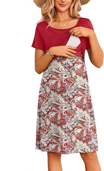Ekouaer Women's Nursing Dress Summer Short Sleeve Patchwork Maternity Breastfeeding Knee Length Dress 2XL