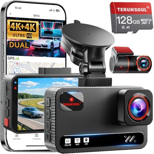 TERUNSOUl 4K+4K Dash Cam Front and Rear, Free 128GB Card Included, 5.8GHz WiFi Dash Camera for Cars, Built-in GPS, G-Sensor, 170°Wide Angle, 3" IPS Screen, 24H Parking Mode, Support 512GB Max