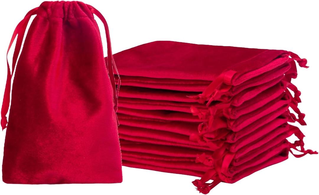 QIANF 12pcs Red Velvet Drawstring Bags 4x6 inches Glossy Velvet Cloth Small Gift Bags Jewelry Pouches for Storage Wedding Party Favor Christmas