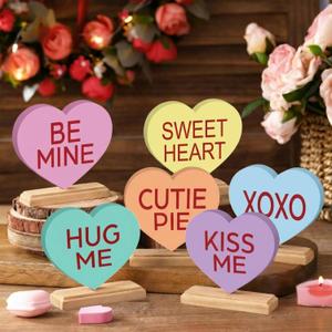 Yousoontic 6 Pcs Valentines Day Heart Wood Sign Love Heart Candy Tabletop Centerpiece Colorful Conversation Hearts Wooden Block Table Decorations for Wedding Party Office Tiered Tray Home Shelf Gift