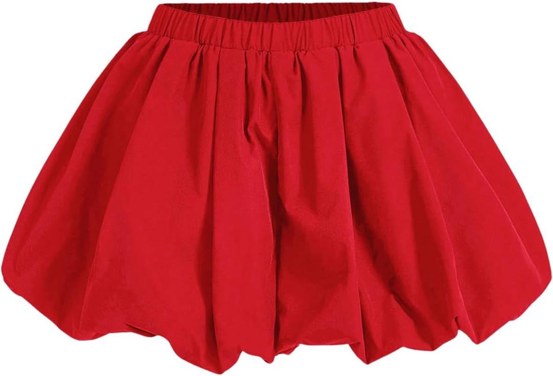 WDIRARA Women's Asymmetrical Hem Bubble Skorts Elastic Waist Loose Fit Solid Mini Skirt Pants (Small, Red)