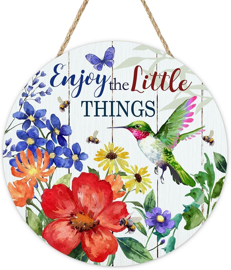 Spring Summer Hummingbird Floral Front Door Sign, Flower Enjoy The Little Things Wood Plaque Hanger Outdoor Home Decor, Bee Butterfly Farmhouse Wooden Wreath Indoor Wall Hanging Decoration