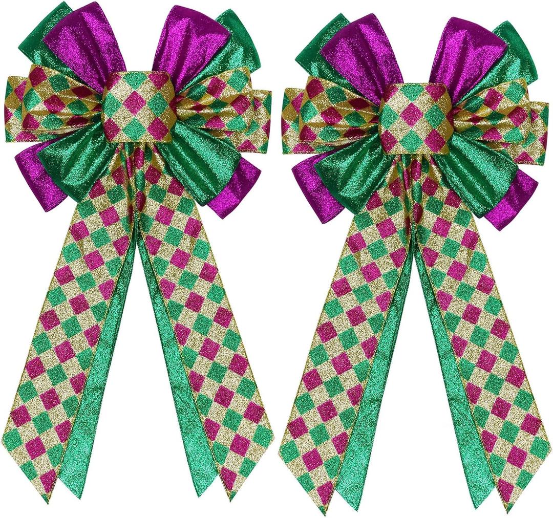2 Pcs Mardi Gras Bows for Wreaths Decorations,12x20 Large Glitter Tree Topper Bow Decor for Holiday Party Wall Home Front Door Float Golf Cart Gold Green Purple
