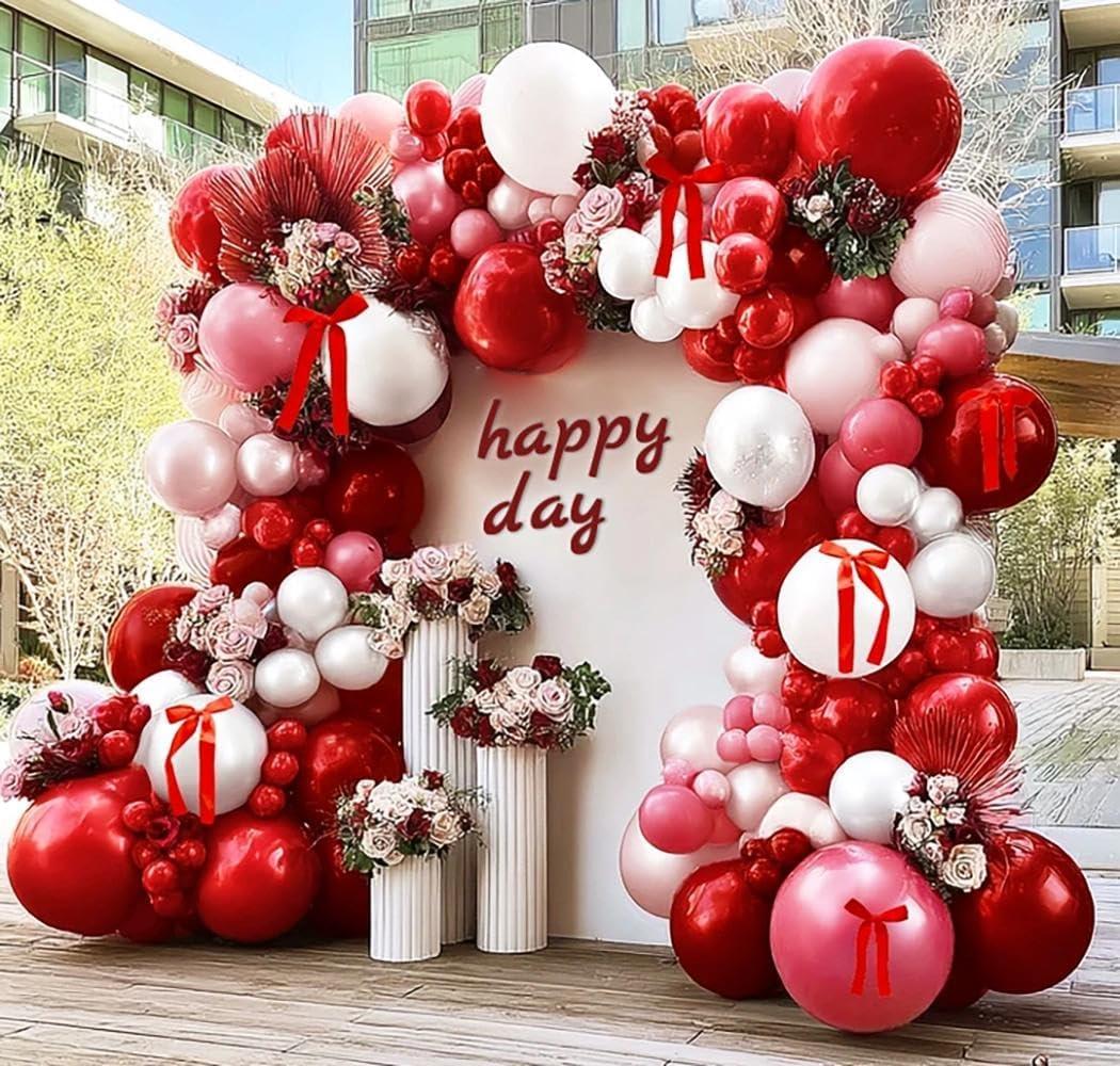 Red Pink Balloon Arch Kit Double Stuffed Dark Red Pink Burgundy White Pearl Balloon Garland With Bows for Mothers Day Wedding Bridal Shower Engagement Mom Birthday Anniversary Party Decor