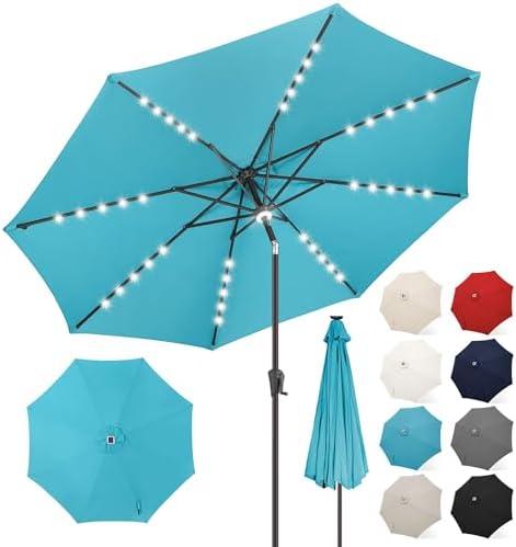 FLAME&SHADE 11 ft Solar Powered Outdoor Market Patio Table Umbrella with LED Lights and Tilt, Aqua Blue