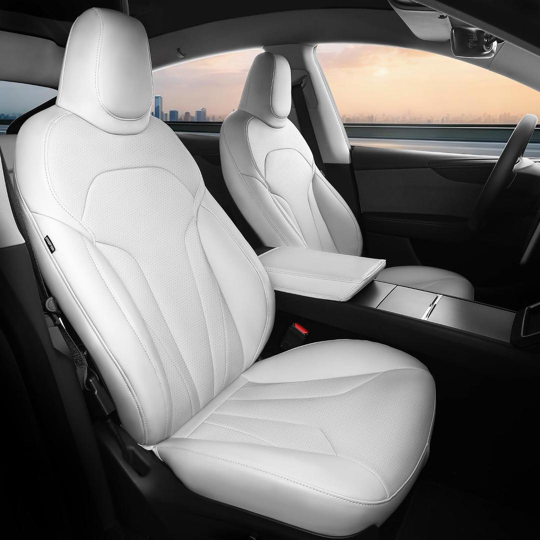 1:1 Custom Fit for Tesla Model Y Juniper Seat Covers 2025 2026, Premium Faux Leather Car Seat Covers Full Set (5 Seater), Waterproof & Breathable, Compatible with Seat Airbags - White