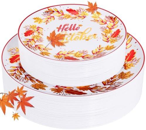 Rubtlamp 60 Thanksgiving Plastic Plates, Fall Disposable Plates, White Plastic Plates With Gold Red Wheat Ear Includes 30 Pcs 10.25” Red And White Dinner Plates, 30 Pcs 7.5” Dessert Plates for Autumn