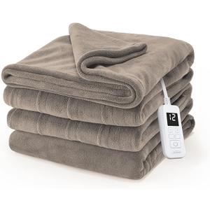 Sunbeam Electric Royal Luxe Microplush Heated Blanket, 12 Heat Settings, 12-Hour Selectable Auto Shut-Off, Fast Heating, Warm and Cozy, Mushroom Color, Full, 84" x 72"
