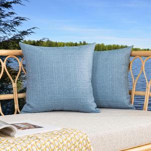 Kevin Textile Pack of 2 Decorative Outdoor Waterproof Pillow Covers Checkered Garden Cushion Sham Throw Pillowcase Shell for Patio Tent Couch 16x16 Inch Light Blue