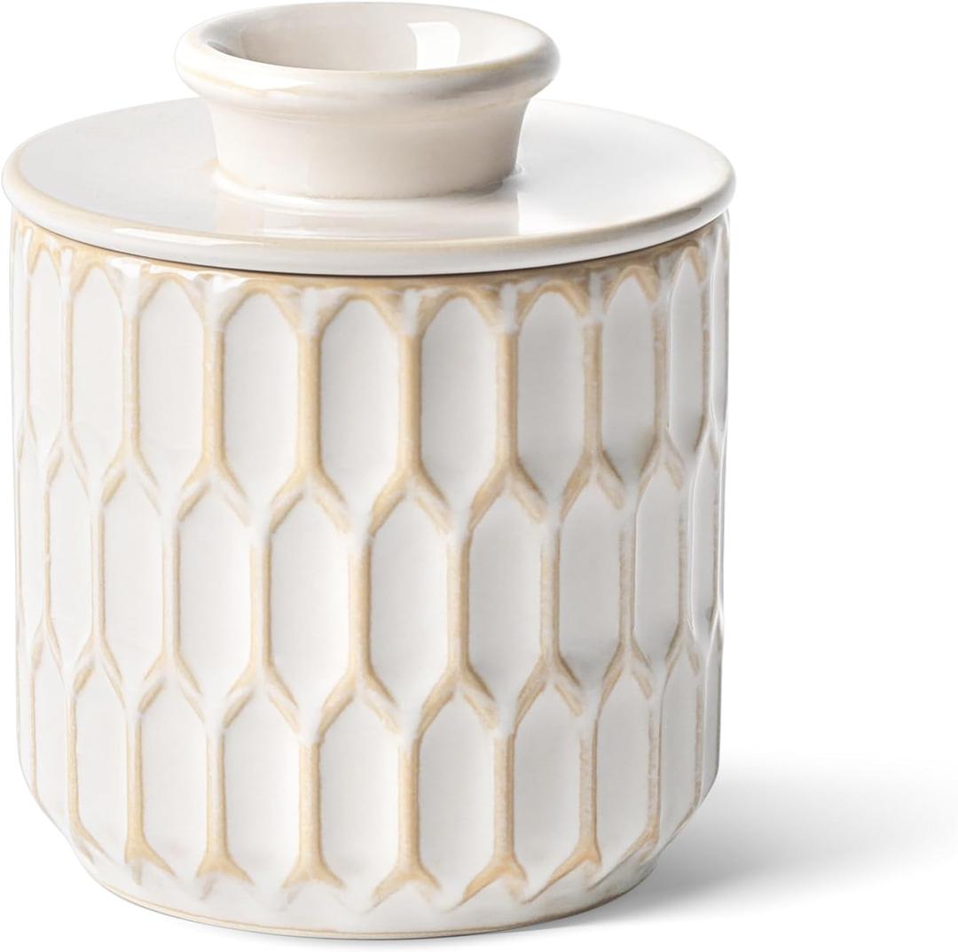 Butter Crock for Counter with Water Line and lid, Ceramic Butter Keeper for Spreadable Soft Butter, Container Holder for Kitchen and Home Decor, Beige