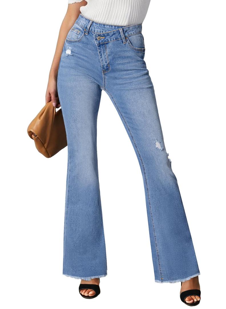 Sidefeel Women's Bell Bottom Flare Jeans High Waisted Stretchy Ripped Distressed Raw Hem Denim Pants with Pockets Light Blue Size 4 (Blue)
