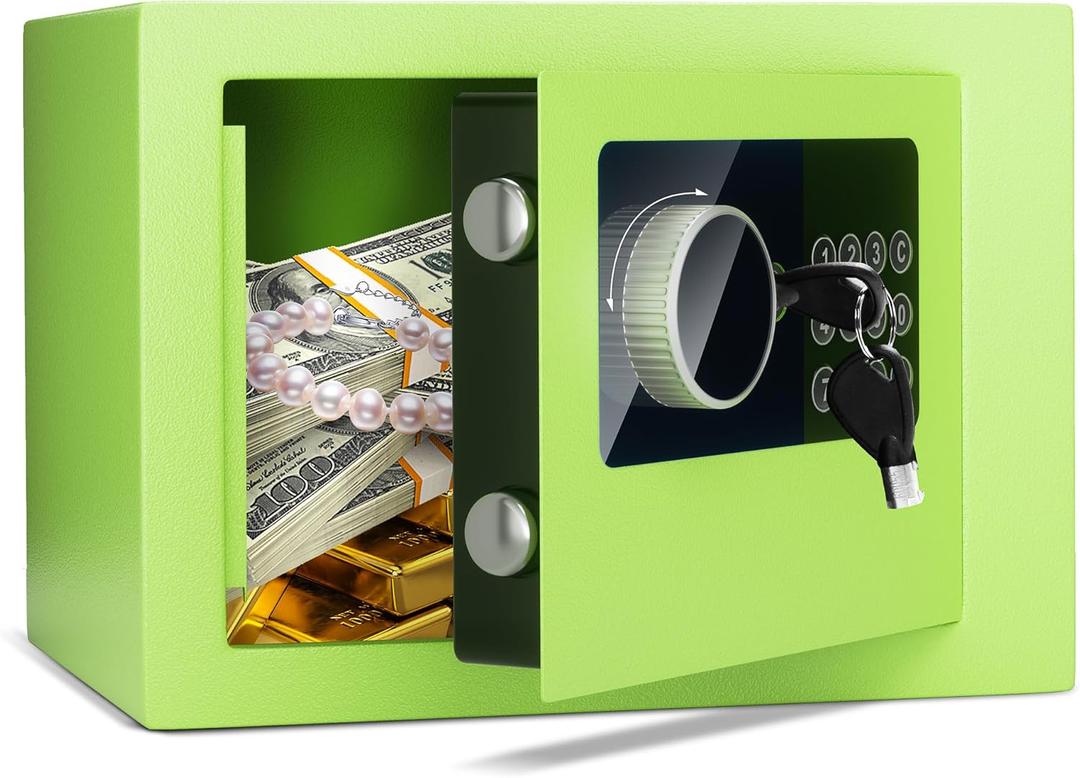 Digital Electronic Money Safe, Steel Security Lock Box with Keypad, Office Hotel Business Jewelry Gun Cash Safe, 0.23 Cubic Feet, 9.06" W x 6.69" D x 6.69" Hgreen
