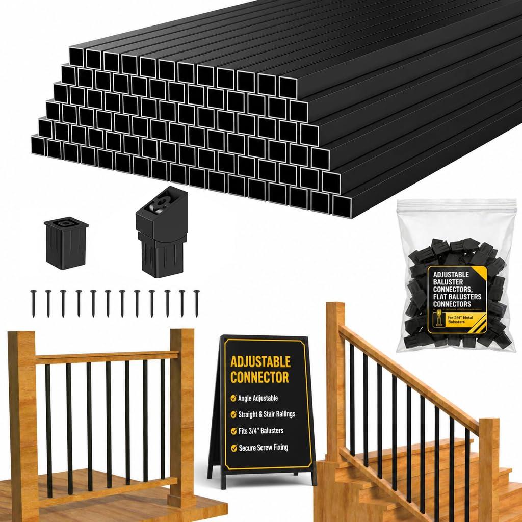 60 Pack 36" Black Square Deck Balusters, Aluminum Deck Spindles with Flat & Adjustable Angle Baluster Connectors, Metal Balusters for Deck Railing, Wood & Composite System