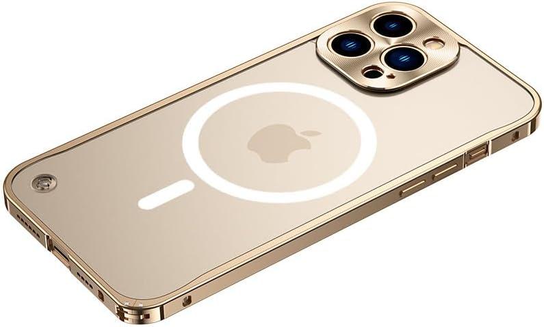 Magnetic Series Designed for iPhone 14 Pro Max Case,[Compatible with MagSafe] Slim Matte Translucent Aluminum Alloy Metal Frame,Military Drop&Camera Lens Protection Shockproof Cover,Gold