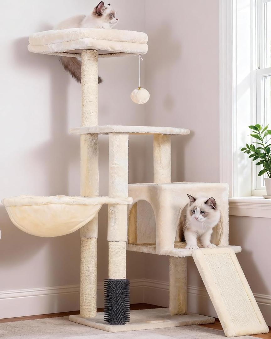 Heybly Cat Tree with Cat Self Groomer Brush, Cat Tower Condo for Indoor Cats with Padded Plush Perch, Cat House with Basket Scratching Board Post, Beige HCT005SM (42.5 inch)